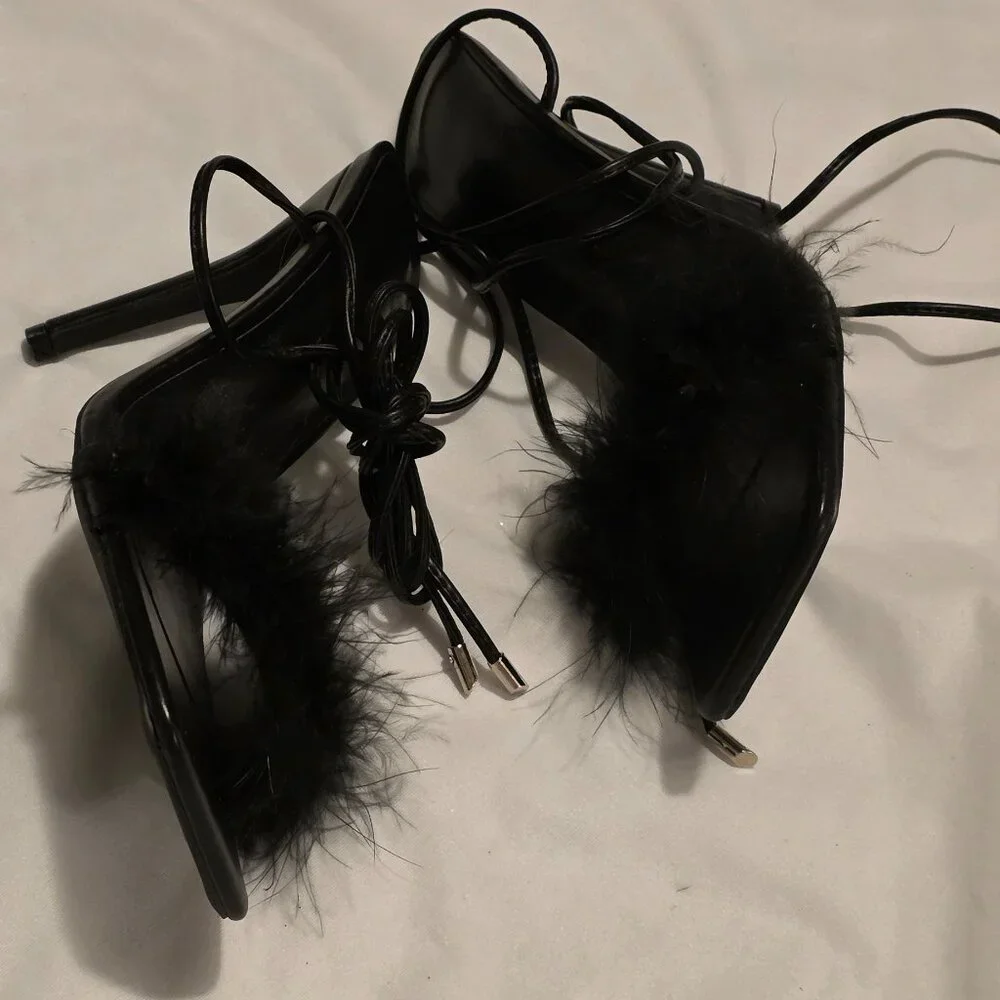 Lace Up Strappy Feather Trim Shoes Stiletto Heels US Size 8 Shoe Sz 38.5 Sexy